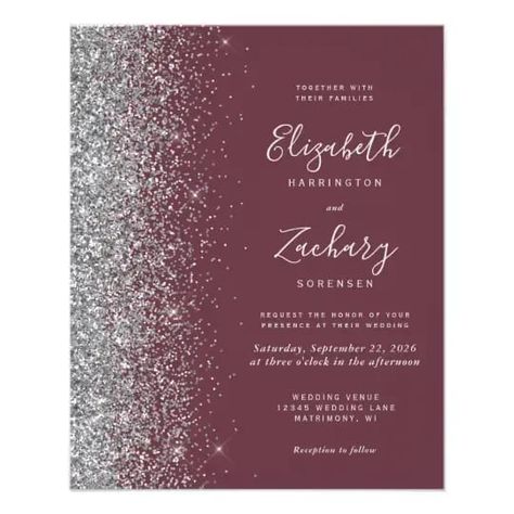 Burgundy Silver Wedding, Burgundy And Grey Wedding, Silver Winter Wedding, Silver Wedding Decorations, Gold Glitter Wedding, Grey Wedding Invitations, Burgundy Background, Silver Wedding Invitations, Elegant Modern Wedding