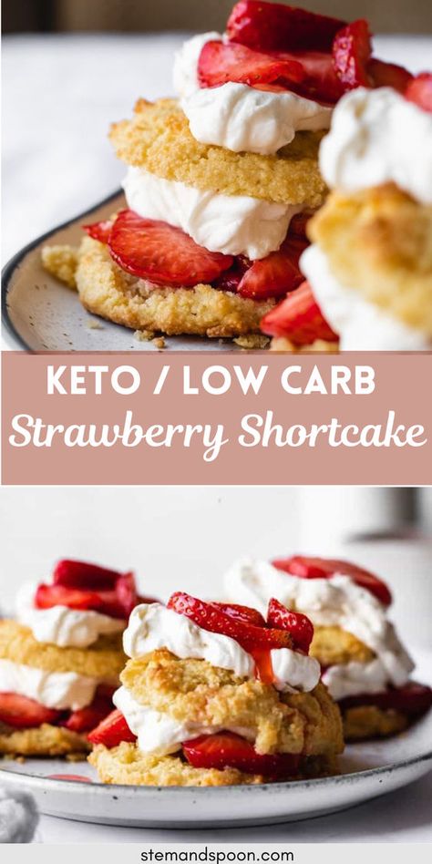 Keto strawberry shortcake is easy to make and is ready to go in under 30 minutes! Sweet strawberries on an almond flour biscuit are loaded with homemade whipped cream to make a healthy summer dessert that is a favorite for Memorial Day or 4th of July! Keto Strawberry Dessert, Keto Strawberry Shortcake, Healthy Strawberry Shortcake, Gluten Free Strawberry Shortcake, Strawberry Shortcake Recipe, Recipe Low Carb, Desert Ideas, Strawberry Almond, Healthy Summer Desserts