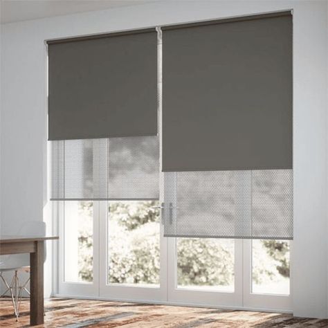 Roller Shades Living Room, Modern Window Blind, Blinds And Curtains Living Room, Roller Blinds Living Room, Black Window Treatments, Modern Roller Blinds, Blinds For French Doors, Grey Blinds, Modern Window Treatments