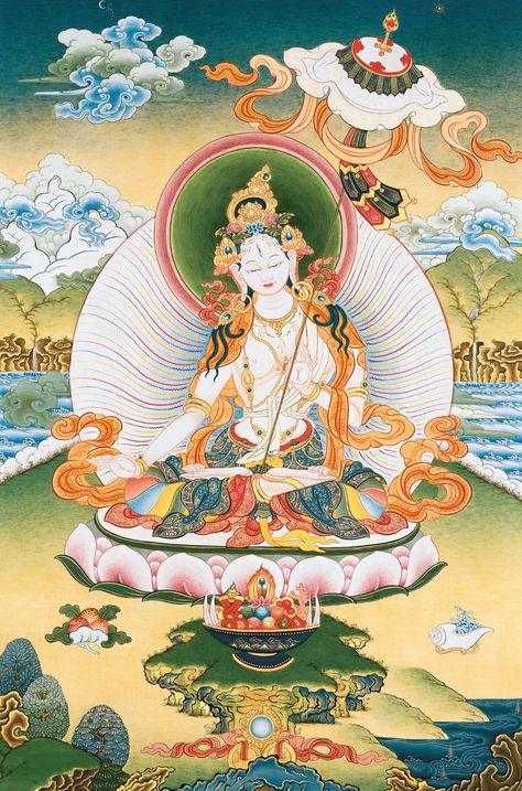 White Parasol, Tara Goddess, Buddhist Iconography, Buddha Tattoo Design, White Tara, White Umbrella, Eastern Philosophy, Thangka Painting, Tibetan Art