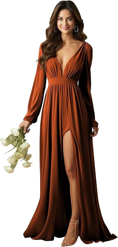 Plus Size Bridesmaid Dresses Long, Prom Gown With Sleeves, Long Sleeve Bridesmaid Dresses, Anniversary Reception, Burnt Orange Bridesmaid Dresses, Rust Bridesmaid Dress, Orange Bridesmaid, Long Sleeve Bridesmaid Dress, Orange Bridesmaid Dresses