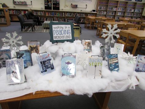 Walking in a reading wonderland. Our winter book display. Winter Book Displays Public Libraries, January Book Displays Library, January Book Display, Winter Library Book Displays, Winter Book Fair Theme, Winter Book Display, Winter Wonderland Book Fair, Winter Wonderland Library, Winter Library Displays