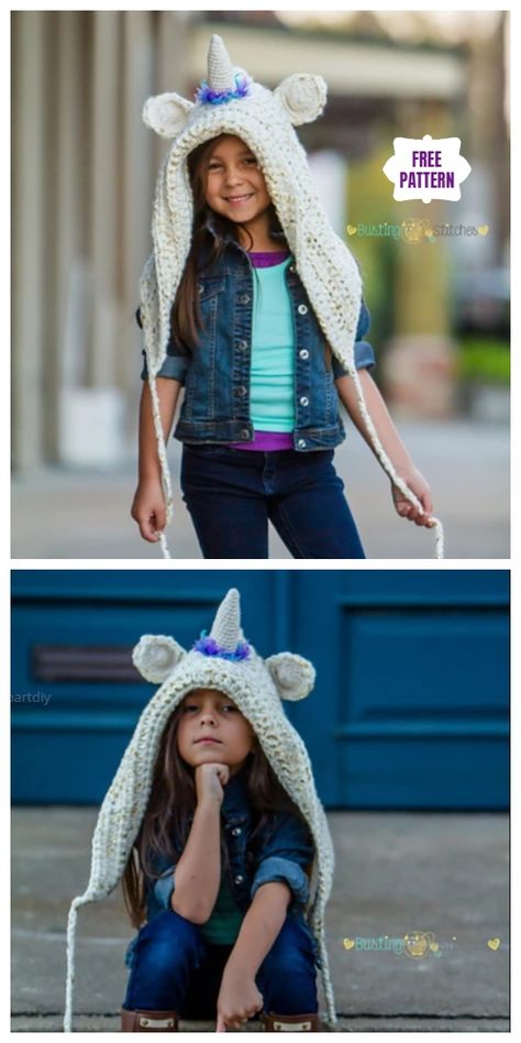 Crochet Unicorn Hood Free Crochet Patterns Crochet Unicorn Hat, Crochet Hood, Unicorn Hat, Unicorn Slippers, Hood Pattern, Crochet Geek, Diy Magazine, Crochet Unicorn, Geek Fashion