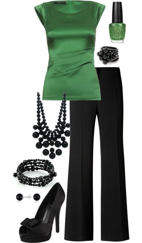 Love it. Emerald Green is the Pantone color of the year for 2013. Such a super rich and luxurious color, and great for us redheads! Green Top And Black Pants, Mode Tips, Green Top, Blue Nile, Komplette Outfits, Work Attire, Work Fashion, Work Clothes, My Dream Closet