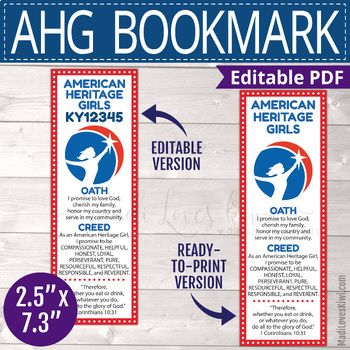 This printable American Heritage Girls Bookmark makes a lovely gift for your AHG troop members. You get an editable version of the bookmark that you can customize with your Troop number at the top and you can also change the Bible Scripture at the bottom. If you're in a rush then you can use the ready-to-print version that is also included. Each AHG bookmark measures 2.5"x7.3" and you get 4 bookmarks per sheet of paper so it's easy to print at home or any copy shop.***Please note that this print Ahg Our Flag Badge Explorer, Ahg Joining Award Activities, Ahg Pathfinders Activities, Ahg Woven Theme, Ahg Creed, American Heritage Girls Tenderheart, Ahg Joining Award, Ahg Tenderheart, American Heritage Girls Badge