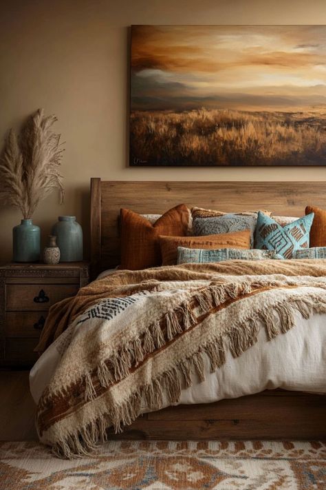 western ranch bedroom Cowboy Inspired Bedroom, Mexico Themed Bedroom, Western Bedroom Sets Furniture, Modern Aztec Bedroom, Western Room Decor Bedroom Ideas, Desert Boho Decor Bedroom, Western Themed Bedroom Paint Colors, Midwestern Bedroom, Southwest Interior Design Bedroom