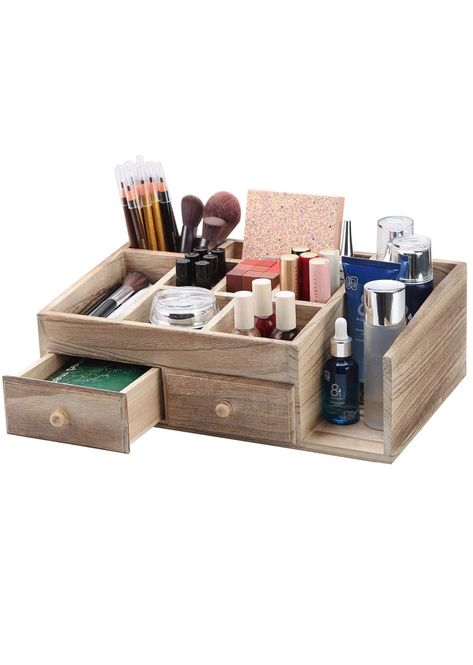 X-cosrack Rustic Wood Storage Organizer Box Rustic Wood Desk, Storing Makeup Brushes, Vanity Inspiration, Office Drawer, Makeup Case Organization, Coffee Supplies, Dresser Table, Makeup Storage Box, Organized Desk Drawers