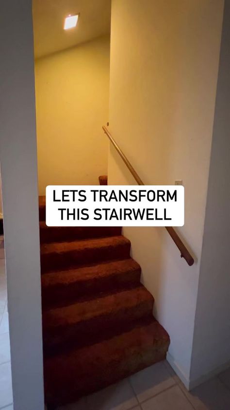 This stairwell transformation was such an improvement for our entryway. #diy #staircase #renovation | She’s the Carpenter | Iniko · Jericho Opening Up Staircase Wall Before And After, Modern Stairway Ideas, Narrow Closed Staircase Ideas, How To Brighten A Dark Stairwell, Dark Narrow Staircase Ideas, Opening A Staircase Wall, Change Staircase Layout, Narrow Staircase Design, How To Decorate A Stairwell