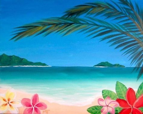 Beach Rainbow, Beach Drawing, Beach Art Painting, Tropical Painting, Wine And Canvas, Hawaiian Art, Summer Painting, Hawaii Beach, Tropical Art