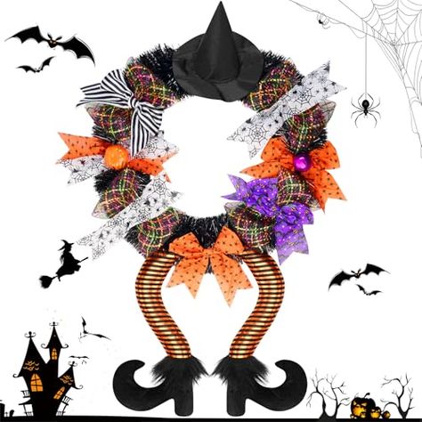 Amazon Halloween, Halloween Witch Wreath, Halloween Door Wreaths, Halloween Front Doors, Black Witch Hat, Door Hanging Decorations, Witch Legs, Black Wreath, Witch Wreath