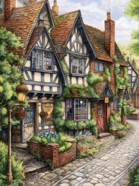 Tudor Village, House Concept Art, Pencil Colour Painting, Town Drawing, Art Buildings, House Concept, Tudor Style Homes, Cottage Garden Design, Vintage Architecture