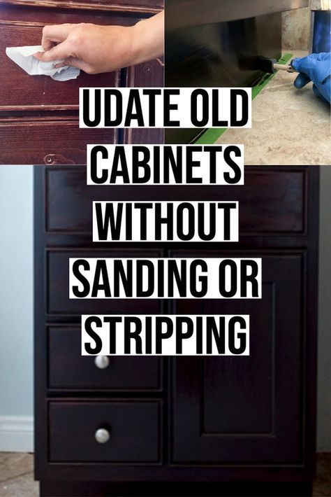 Learn how to use a gel stain to easily update cabinets without any heavy sanding or stripping with this step-by-step tutorial and video. How To Paint Stained Cabinets, Gel Stain Colors On Oak Kitchen Cabinets, Gel Stain Baseboards, General Finishes Gel Stain On Oak, Rustic Cabinets Diy, How To Redo Cabinets, Refresh Wood Cabinets, Staining Cabinets Without Sanding, No Sanding Cabinet Painting