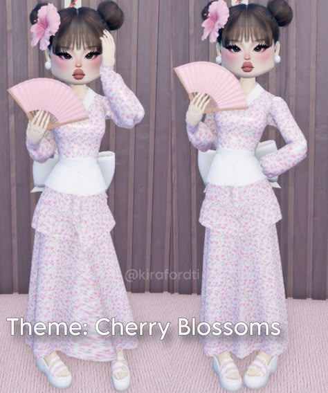 Think whites, beige, pinks, soft pastel blues, and pastel lavenders. You don't want any bright colors like neon red or neon orange. Kimono Dti Outfit, Cherry Blossom Dti Outfit, Cherry Blossoms Dti Outfit, Graduation Dress To Impress Outfit, Kimono Dress To Impress, Dress To Impress Themes List, Dress To Impress Cherry Blossom, Cherry Blossoms Dress To Impress, Culture Dress To Impress