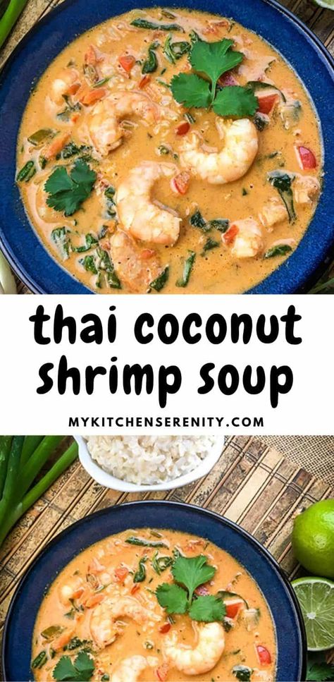 Delicious shrimp, lots of fresh vegetables, coconut milk, and red curry paste come together for a delicious, nutritious bowl of homemade Thai Coconut Shrimp Soup.  Warming, comforting soup ready in 30 minutes!  Makes 4 servings. #thaisouprecipe #shrimpsoup #redcurryrecipes Thai Coconut Shrimp, Thai Soup Recipes, Shrimp Soup Recipes, Prawn Soup, Coconut Soup Recipes, Coconut Curry Shrimp, Coconut Curry Soup, Coconut Milk Soup, Shrimp Soup