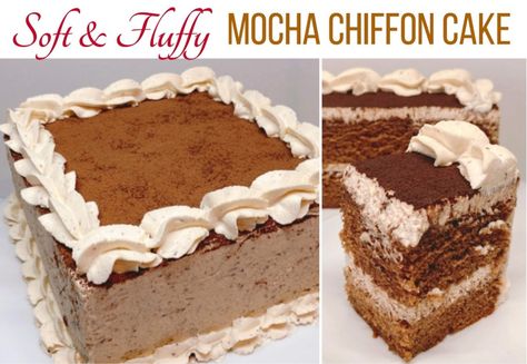 Mocha Chiffon Cake Recipe, Mocha Whipped Cream, Mocha Chiffon Cake, Coffee Buffet, Mocha Desserts, Buffet Cake, Chocolate Mocha Cake, Whipped Cream Recipe, Whipped Cream Cakes