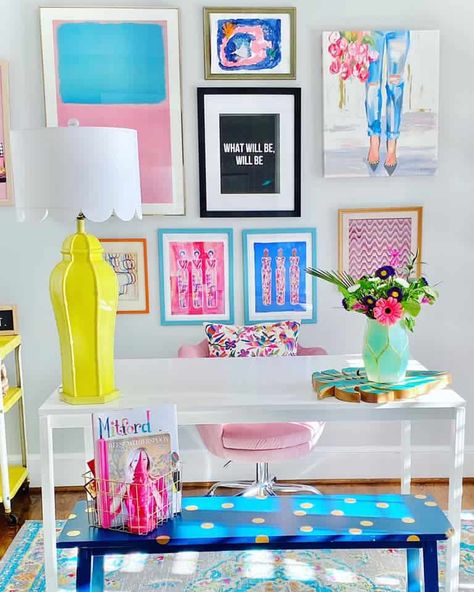 Home Office Decor Ideas: 5 Budget-Friendly Must-Haves | Kate Decorates Eclectic Office Decor, Colorful Office Space, Colorful Home Office, Colorful Office Design, Work Office Ideas, Home Office Decor Ideas, Fun Office Decor, Girly Office, Bright Office