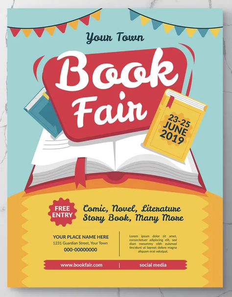 Book Fair Flyer Template EPS, AI Book Fair Poster Ideas, Book Promotion Poster, Book Fair Poster Design, Book Fair Drawing, Bookfair Poster, Book Fair Themes, Book Fair Ideas Display, Book Festival Poster, Book Fair Poster