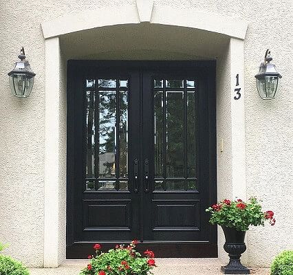 Black Double Front Door Ideas, Double Front Door Ideas Entryway, Single Wood Front Door With Windows, Black Double Door Entryway, Side Lite Window Coverings, Single To Double Door Entry, Double Front Entry Doors Black, Black Exterior Double Doors, Double Front Doors Black