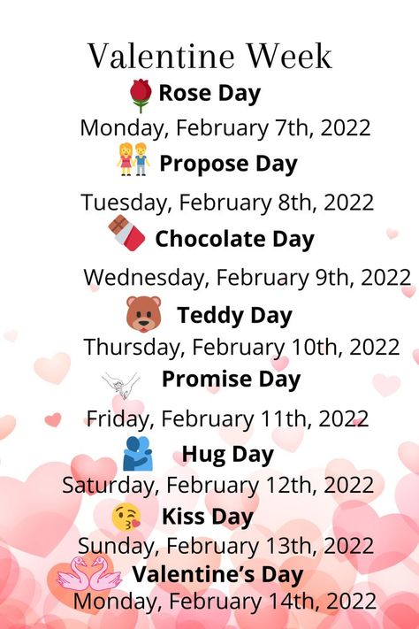 february days #Valentine's Day Week List 2022#Valentine's Day Valentine Day Week List, February Days, Valentine Week, Valentine Day Week, Propose Day, Teddy Day, Days In February, Kiss Day, Valentine's Week