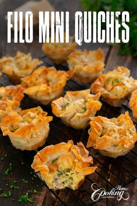 Filo Quiche Recipes, Filo Tarts Savoury, Mini Filo Shells Appetizers, Quiche Appetizers, Filo Pastry Recipes Savoury, Quiche Mini, Mini Quiche Recipe, Filo Parcels, Filo Pastry Recipes