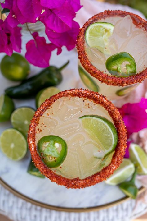 Spicy Jalapeno Margarita Recipe with Chamoy and Tajin Rim Spicy Jalapeno Margarita, Jalapeno Margarita Recipe, Chamoy And Tajin, Mango Fish, Spicy Margarita Recipe, Spicy Margaritas, Tajin Recipes, Pomegranate Margarita, Best Margarita Recipe