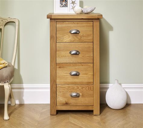 Woburn 4 Drawer Narrow Chest  This Chunky, solid oak range highlights the prominent grain of the wood creating a rustic feel. Providing cup style handles creating versatility within its style, the Woburn range is suitable for a wide range of interior schemes.  Featuring 4 drawers providing plenty of storage, this narrow chest has a tall design to take up less floor space than your average piece of furniture.  Why not re-style your bedroom today! Solid Oak Bedroom Furniture, Narrow Chest Of Drawers, Blue Chest Of Drawers, Mirror Chest Of Drawers, Iron Rose, Natural Bedroom, Oak Bedroom Furniture, Natural Furniture, Oak Bedroom