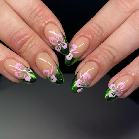 Green chrome tips and pink flowers 🌸 The spring nails are back in force and the bright colours are back, I’m loving it! . . . . . . #bristolnails #bristolnailart #bristolbiab #chromefrenchtips #greennails #springnailinspo Nails Green With Flowers, Pink And Dark Green Nails, Green And Pink Acrylic Nails, Green Nails Flowers, Sage Green And Pink Nails, Pink And Green Nails Design, Pink Green Nails, Green And Pink Nails, Chrome Tips