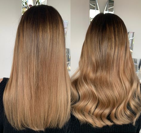 Straight vs wavy hair Balayage then toned with 916, 9/97 & 7/97 wella colour touch. #2020 #hair #wavyhair #curlyhairstyles #straighthair #balayage #2020hairtrends #ontrend #salon #hairstylist #blondehair #brondebalayage Wavy Hair Balayage, Wella Colour Touch, Bronde Balayage, Indian Remy Hair, Wella Color, Hair Balayage, Colour Ideas, Wavy Curly Hair, Stirling