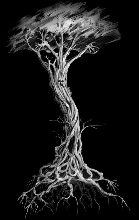 Tree Roots Art, Gothic Tree Drawing, Creepy Tree Drawing, Tree Monster Art, Horror Tree Drawing, Creepy Tree Art, Horror Tree, Evil Tree, Evil Tree Fantasy Art