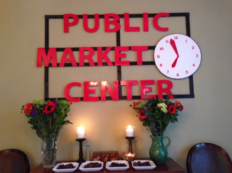 Pike Place Market sign for a Seattle themed party. Seattle Themed Party, Missions Conference, Moving Party, Wine Walk, 90s Theme Party, Locker Decorations, Flute Sheet Music, Market Sign, 90s Theme