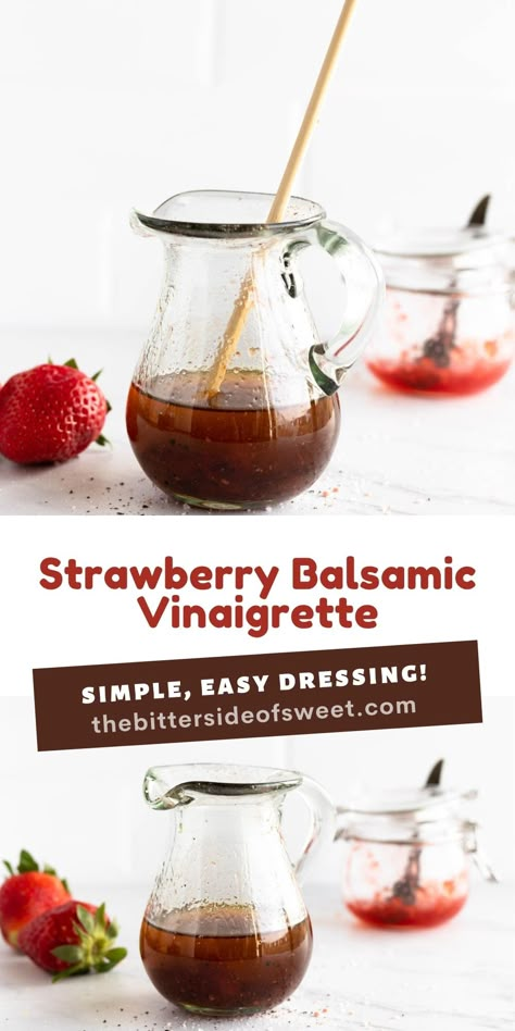 Easy homemade Strawberry Balsamic Vinaigrette! This easy dressing goes perfectly on any salad and it's customizable with any fruit jam! | The Bitter Side of Sweet Strawberry Vinegarette, Vinegrette Salad Dressing, Strawberry Balsamic Dressing, Balsamic Vinegrette, Strawberry Salad Dressing, Balsamic Vinegarette, Strawberry Vinegar, Balsamic Vinegar Dressing, Balsamic Vinaigrette Recipe