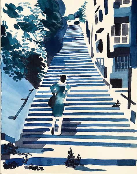 Steep Stairs, Traditional Animation, Christoph Niemann, Landscape Study, Restaurant Outdoor, Summer Drawings, Inspiring Illustration, Observational Drawing, Watercolor Architecture