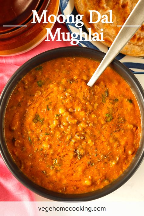 This Shahi Moong Dal Mughlai is wholesome, comforting, protein-rich, flavorful, and delicious! The dal is made of whole moong in tomato and yogurt gravy, seasoned with spices and herbs. Whole Moong Dal Recipe, Moog Dal Recipe, Indian Dal Recipe, Dhal Curry, Moong Dal Recipe, Indian Dal, Chat Masala, Dal Recipes, Rajasthani Food