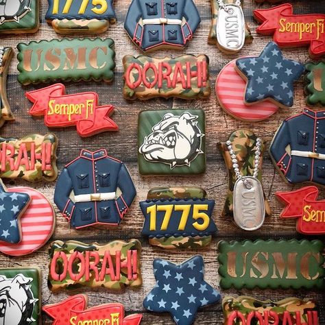 Marine Cookies, Marine Corps Cake, Usmc Birthday, Marine Graduation, Marine Cake, Dessert Table Graduation, Marine Corps Birthday, Patriotic Cookies, No Bake Sugar Cookies