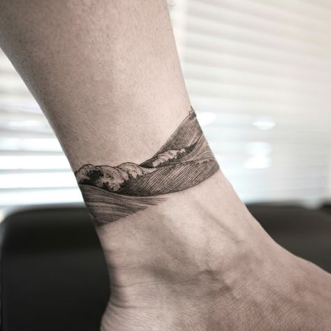 Front Of Ankle Tattoo, Ankle Band Tattoo, Ankle Tattoo Men, Leg Band Tattoos, Surf Tattoo, Ankle Tattoo Designs, Forearm Band Tattoos, Wave Tattoo, Arm Band Tattoo