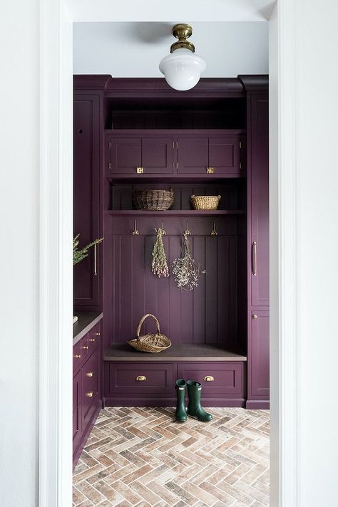 Plum Paint Colors, Plum Bathroom, Whittney Parkinson, Laundry Room Paint Color, Moroccan Homes, Townhouse Designs, Mudroom Design, Hallway Designs, Hallway Design