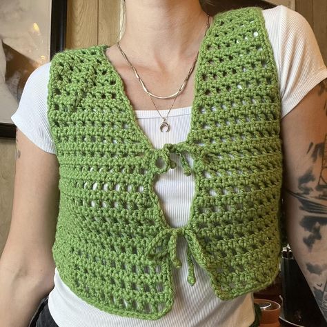 Green mesh crochet mini vest with two ties in the... - Depop Crochet Vest Green, Crochet Open Vest, Crochet Mesh Vest, Boho Crochet Top, Crocheted Vest, Butterfly Crop Top, Crochet Bohemian, Vest Y2k, Retro Crochet