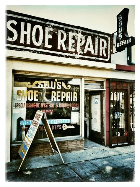 Shoe Repair. When our heels wore down or soles wore through, we had them repaired. 1950s-70s. As kids, we outgrew our shoes, then passed them on. Men would make shoes last their whole adult life. Shoes Repair Ideas, Western Riding Boots, 1950s Shoes, Shoe Store Design, Shoes For Everyday, Shoe Repair Shop, Shotgun House, Make Shoes, Shop Signage