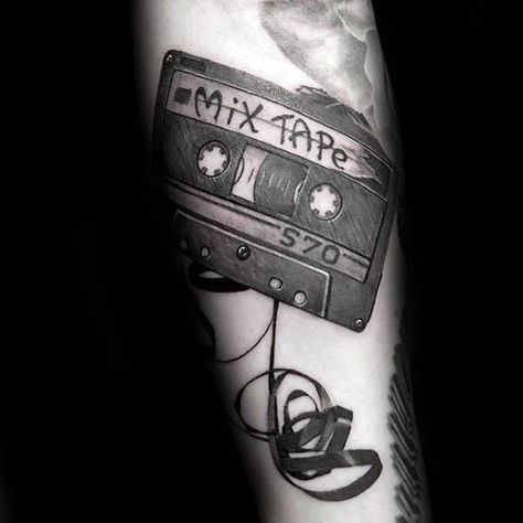 Cool Mens Shaded Cassette Tape Mixtape Music Tattoo On Forearm Cassette Tattoo, Tape Tattoo, Dj Tattoo, Hip Hop Tattoo, Taylor Swift Tattoo, C Tattoo, Bicep Tattoo, Laser Tattoo Removal, Side Tattoos