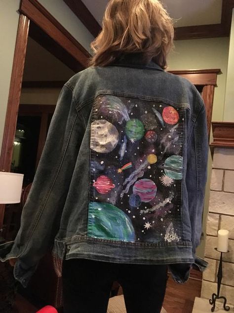 Glow in the dark hand painted space jean jacket | Etsy Jean Jacket Painted, Luna Hale, Jean Jacket Diy, Custom Jean Jacket, Painted Clothes Diy, Diy Denim Jacket, Hand Painted Denim Jacket, Space Outfit, Black Jean Jacket