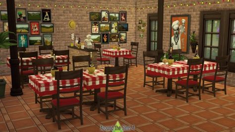 Around The Sims 4: Pizzeria • Sims 4 Downloads Sims 4 Restaurant, Around The Sims 4, Diner Booth, Diner Sign, Chrome Bar Stools, Large Chalkboard, Authentic Decor, Diner Decor, Rustic Wooden Table