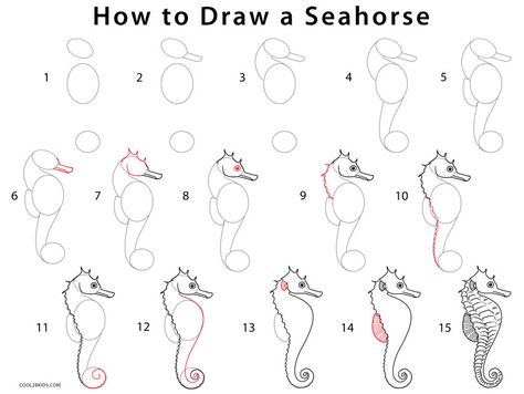 How to Draw a Seahorse (Step by Step Pictures) | Cool2bKids How To Paint A Seahorse, How To Draw A Seahorse Step By Step, Sea Horse Drawing Simple, How To Draw Sea Creatures Step By Step, Seahorse Line Drawing, Seahorses Drawings, Simple Sea Animal Drawing, How To Draw A Starfish, How To Draw A Seahorse