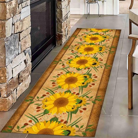 PRICES MAY VARY. 🌻 Unique Design: This sunflower hallway runner rug features a charming sunflower design that adds a touch of spring and vintage flair to your space. 🌻 Premium Material: Crafted from high-quality acrylic, this rug is not only soft and comfortable, but also durable. 🌻 Anti-Slip Design: Equipped with an anti-slip backing and four carpet stickers, this sunflower rug stays securely in place, Perfect for high-traffic areas. 🌻 Easy to Clean: Simply vacuum or spot clean for effortle Plant Kitchen, Hallway Runner Rug, Sunflower Pattern, Yellow Sunflower, Sunflower Design, Hallway Runner, Hallway Rug, Retro Floral, Kitchen Rug