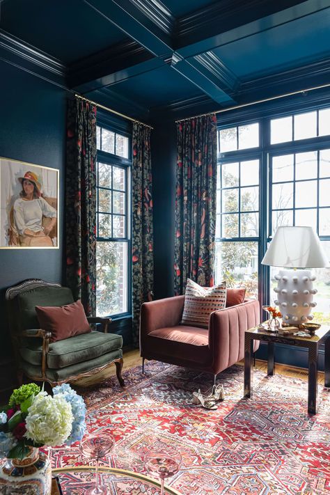 sitting room painted in Farrow & Ball’s Hague Blue Room Design Maximalist, Navy Blue Sitting Room, Blue Sitting Room, Navy Rug Living Room, Teal Blue Living Room, Gloss Walls, Farrow And Ball Living Room, Navy Blue Paint Colors, Timeless Paint Colors