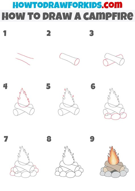 how to draw a campfire step by step How To Draw A Campfire, Camp Fire Drawing Reference, How To Draw A Cabin, How To Draw Fire Step By Step, How To Draw A Campfire Step By Step, Campfire Doodle, How To Draw A Cabin Step By Step, Campfire Drawing Simple, Draw Campfire