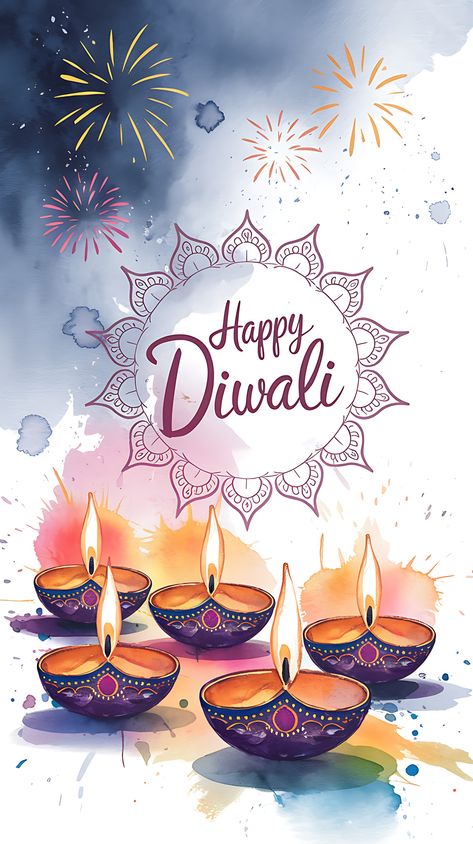 Free Watercolor Diwali Greeting Card with Diya Lamps and Fireworks Cute Happy Diwali Images, Foto Birthday, Deepavali Greetings, Deepavali Greetings Cards, Diwali Fireworks, Hindu Festival Of Lights, Happy Diwali Wishes Images, Diwali Greeting, Diwali Greeting Cards