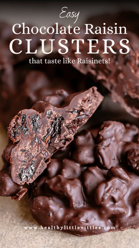 If you’re a fan of Raisinets you’re going to love this homemade dark chocolate version of the popular chocolate candy! Instead of individually coating each raisin in melted chocolate, these Easy Chocolate Raisin Clusters are an easier way to enjoy chocolate covered raisins, and are made with just 2 ingredients! Chocolate Raisin Clusters, Dark Chocolate Nut Clusters, What To Do With Raisins, Chocolate Covered Raisins Homemade, Desserts With Raisins, Recipes Using Raisins, Recipes With Raisins, Homemade Raisins, Homemade Chocolate Candy Recipes