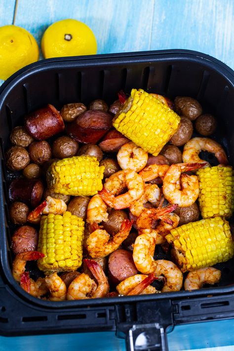 Air Fryer Shrimp Boil - airfryerlove.com Boiled Red Potatoes, Kielbasa And Potatoes, Air Fryer Shrimp, Shrimp Boil Recipe, Southern Potato Salad, Shrimp Sausage, Kielbasa Sausage, Boiled Food, Easy Seafood