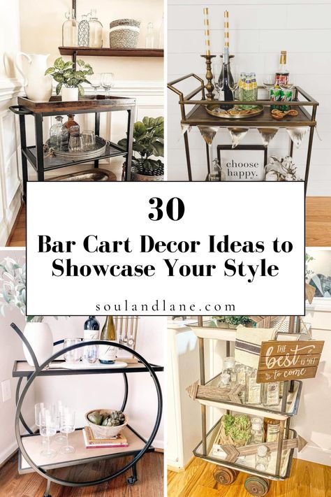 Picture a sleek cart brimming with eclectic finds, from antique decanters to modern mixology tools, each piece telling a story. Add layers of interest with unique textiles, like a patterned runner or chic coasters, and a curated selection of books on cocktail crafting. This approach to bar cart styling not only serves drinks but also serves up major style points, making it a focal point in your home decor. Non Alcohol Bar Cart Ideas, How To Decorate Bar Cart, Wooden Bar Cart Styling, Bar Cart Set Up Ideas, French Bar Cart, Silver Bar Cart Styling, Tea Trolley Decor Ideas, Styling A Bar Cart, Decorating A Bar Cart