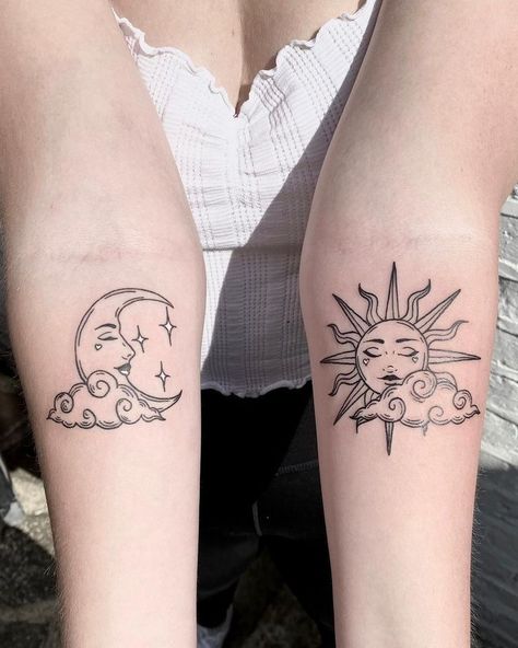 Soon And Moon Tattoo, Sun And Moon Separate Tattoo, Celestial Woman Tattoo, Moon Man Tattoo, Vision Scrapbook, Matching Sun And Moon Tattoo, Sun And Moon Tattoos, Luna Tattoo, Small Wave Tattoo